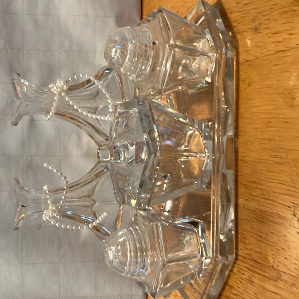 Unique  not sure if vintage lovely clear glass condiment set for your table.